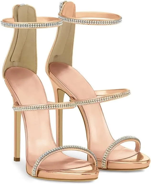 sexytag Women's Rhinestone Sparkly Heels Low Platform Open Toe Stiletto Ankle Strap High Heels Sandals