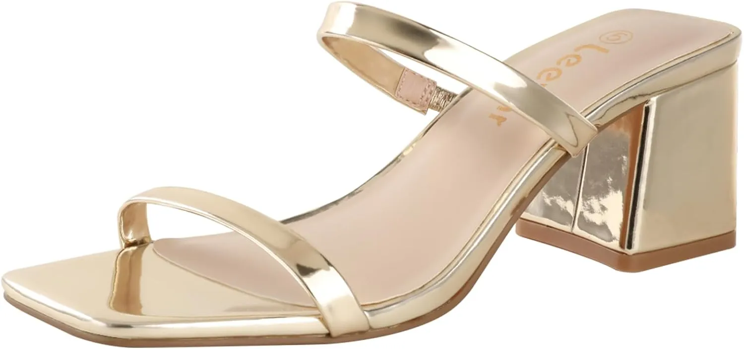 Square Toe Heeled Sandals for Women - Women's Low Block Heels Sandals - 2.25IN Open Toe Ankle Strap Chunky Heels - Slip on Heeled Sandal Mule- Nude Black Strappy Heels for Party Wedding Dress Shoes