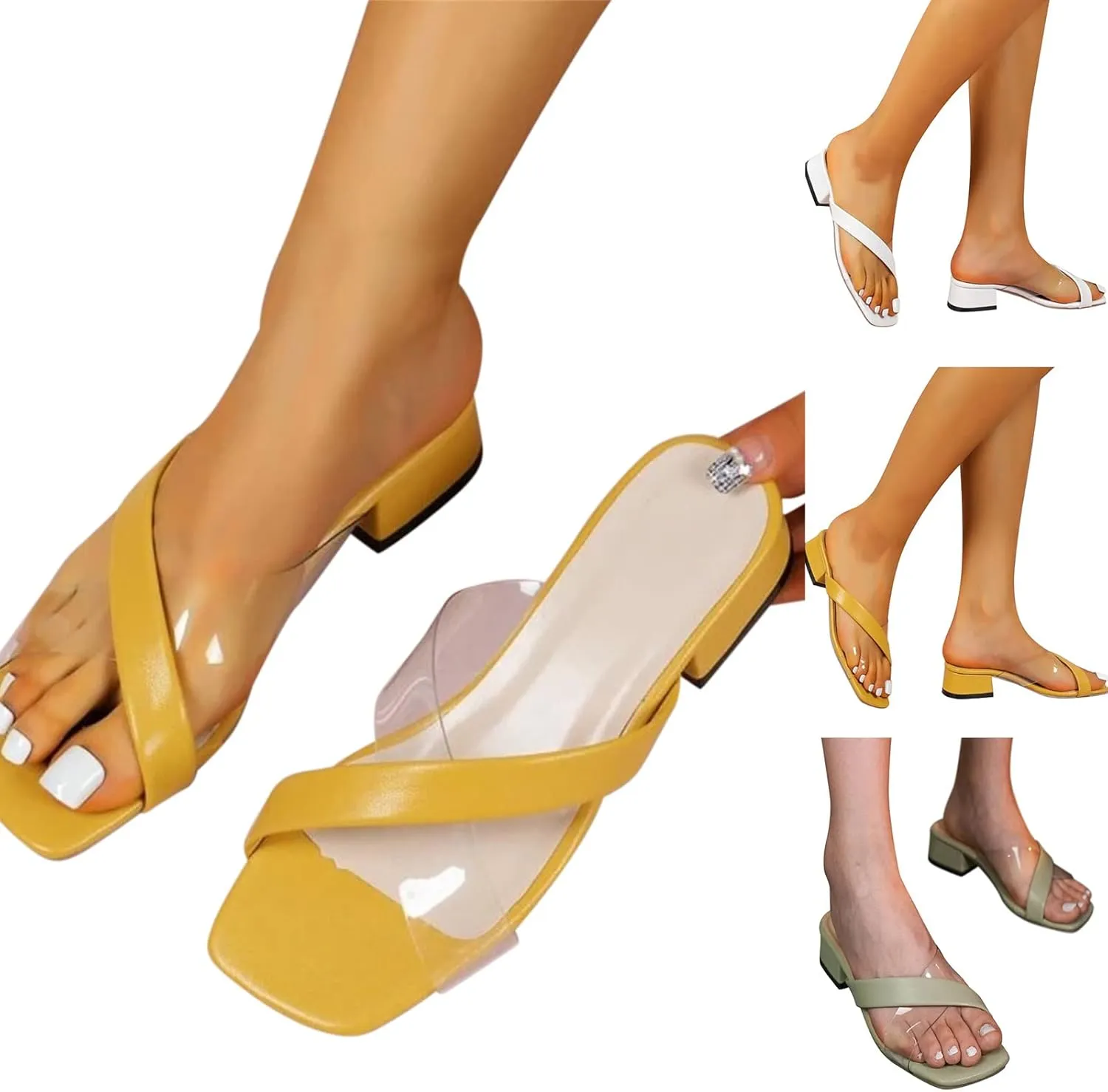 Square Toe Heels for Women Chunky Low Heeled Clear Strappy Nude Slide Sandals Summer Casual Fashion Slip On Shoes