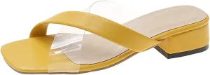 Square Toe Heels for Women Chunky Low Heeled Clear Strappy Nude Slide Sandals Summer Casual Fashion Slip On Shoes