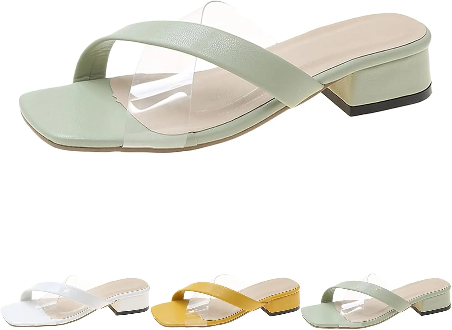 Square Toe Heels for Women Chunky Low Heeled Clear Strappy Nude Slide Sandals Summer Casual Fashion Slip On Shoes
