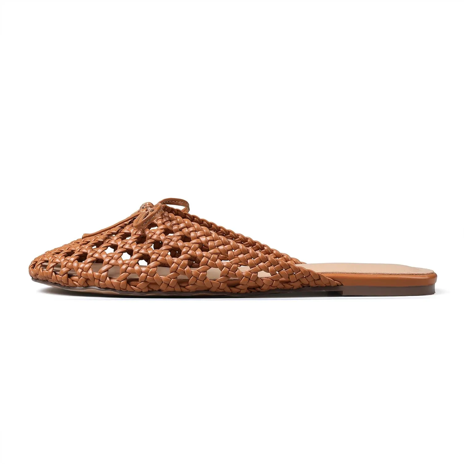 Synchoiss Woven Flat Sandals for Women Slip on Mesh Flats with Bow Knot Decoration Round Toe Espadrilles Slides Summer Mules Trendy