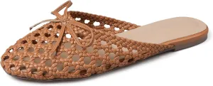 Synchoiss Woven Flat Sandals for Women Slip on Mesh Flats with Bow Knot Decoration Round Toe Espadrilles Slides Summer Mules Trendy