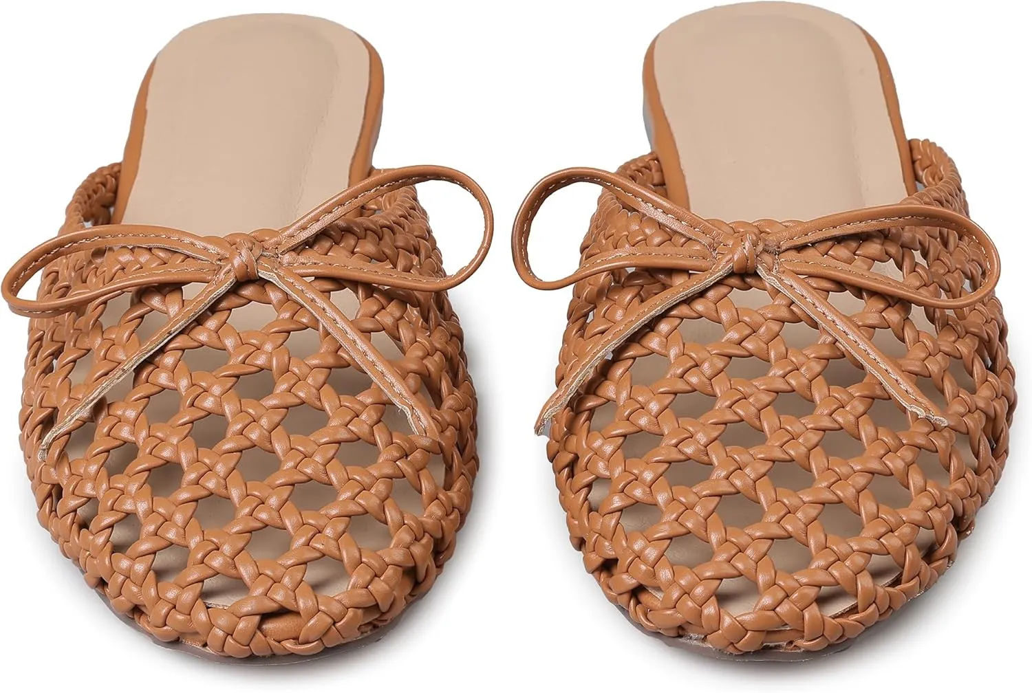 Synchoiss Woven Flat Sandals for Women Slip on Mesh Flats with Bow Knot Decoration Round Toe Espadrilles Slides Summer Mules Trendy