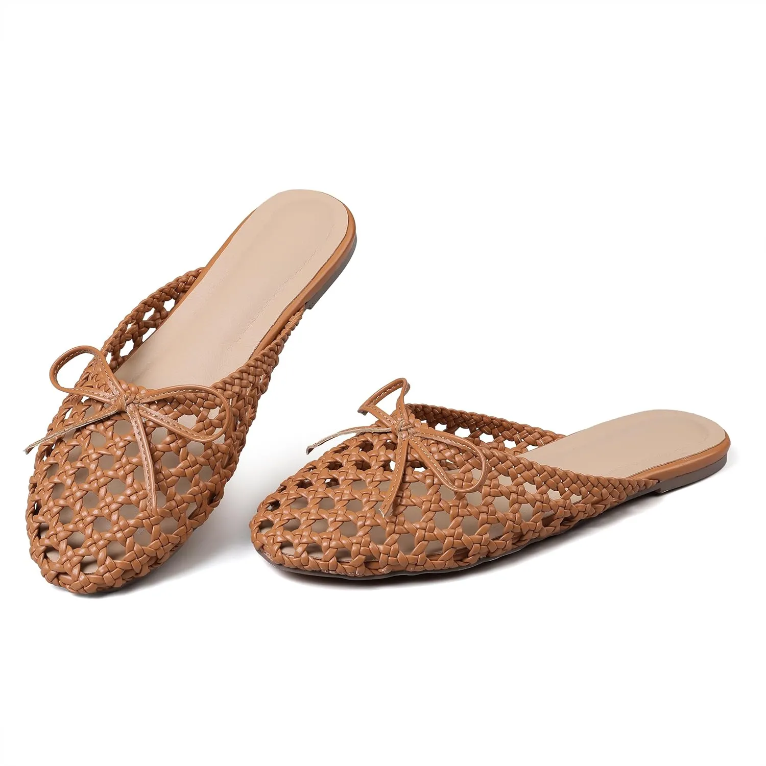 Synchoiss Woven Flat Sandals for Women Slip on Mesh Flats with Bow Knot Decoration Round Toe Espadrilles Slides Summer Mules Trendy