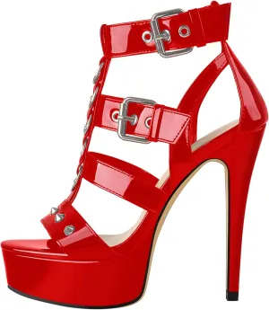 VERISSON Women's Open Toe Rivets Stud Stiletto Heels T-strappy Platform High Heels Sandals for Prom Dressing Party