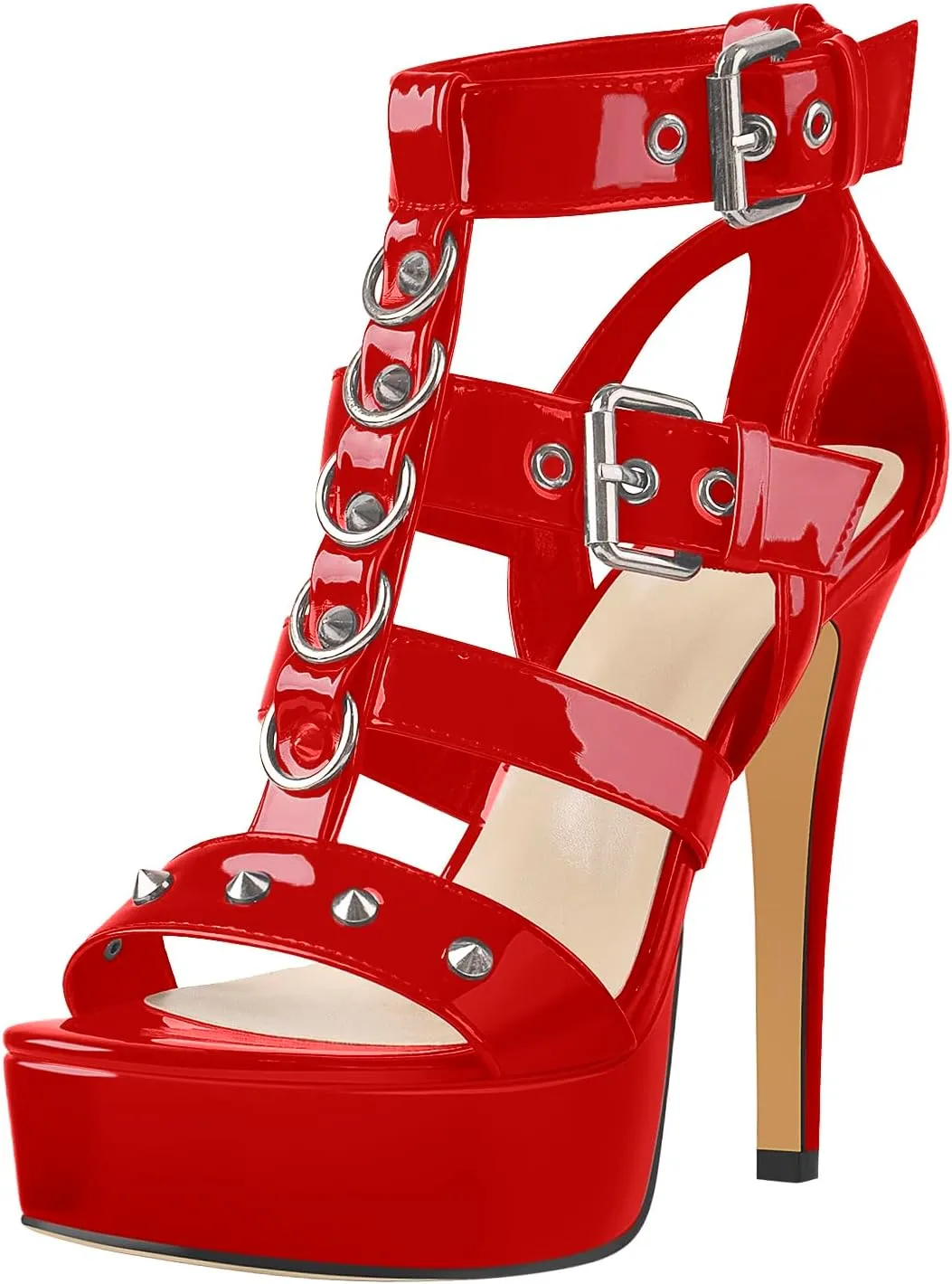 VERISSON Women's Open Toe Rivets Stud Stiletto Heels T-strappy Platform High Heels Sandals for Prom Dressing Party