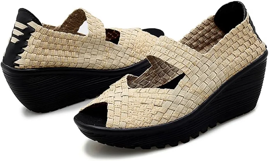 Veroders Women's Woven Elastic Open-Toe Sandals Platform Wedge Sandals for Women Slip-On Wedge Woven Pumps Shoes