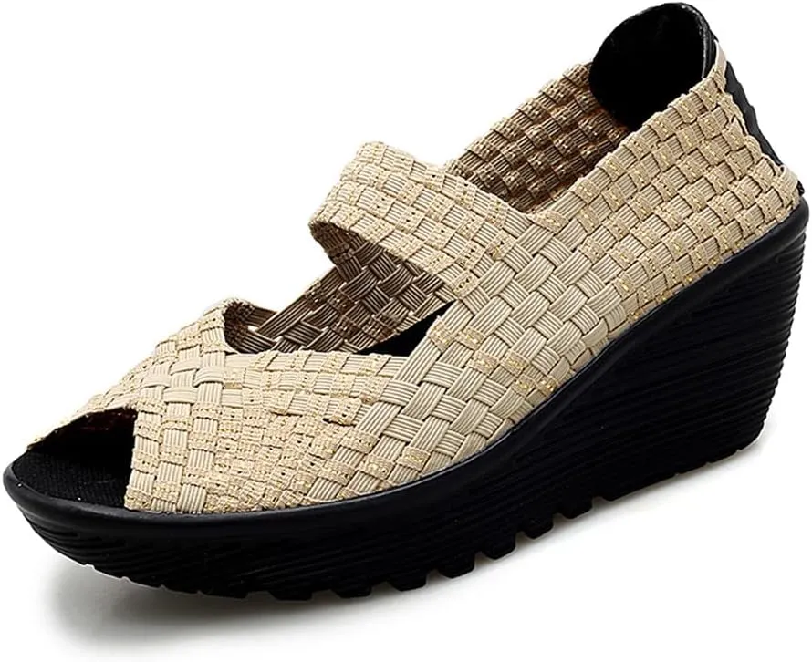 Veroders Women's Woven Elastic Open-Toe Sandals Platform Wedge Sandals for Women Slip-On Wedge Woven Pumps Shoes