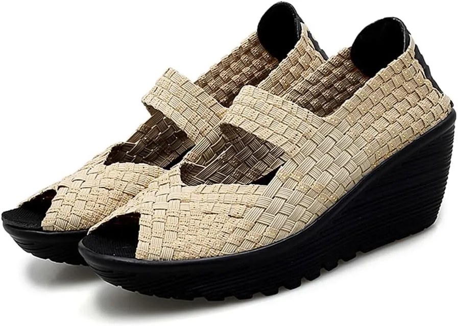 Veroders Women's Woven Elastic Open-Toe Sandals Platform Wedge Sandals for Women Slip-On Wedge Woven Pumps Shoes