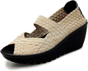 Veroders Women's Woven Elastic Open-Toe Sandals Platform Wedge Sandals for Women Slip-On Wedge Woven Pumps Shoes