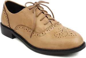 VOKLIN Women's Classic Flat Saddle Oxford Shoes Lace Up Wingtip Perforated Low Heel Vintage Oxfords Brogues