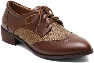 VOKLIN Women's Classic Flat Saddle Oxford Shoes Wingtip Lace Up Perforated Low Heel Vintage Oxfords Brogues