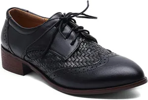 VOKLIN Women's Classic Flat Saddle Oxford Shoes Wingtip Lace Up Perforated Low Heel Vintage Oxfords Brogues