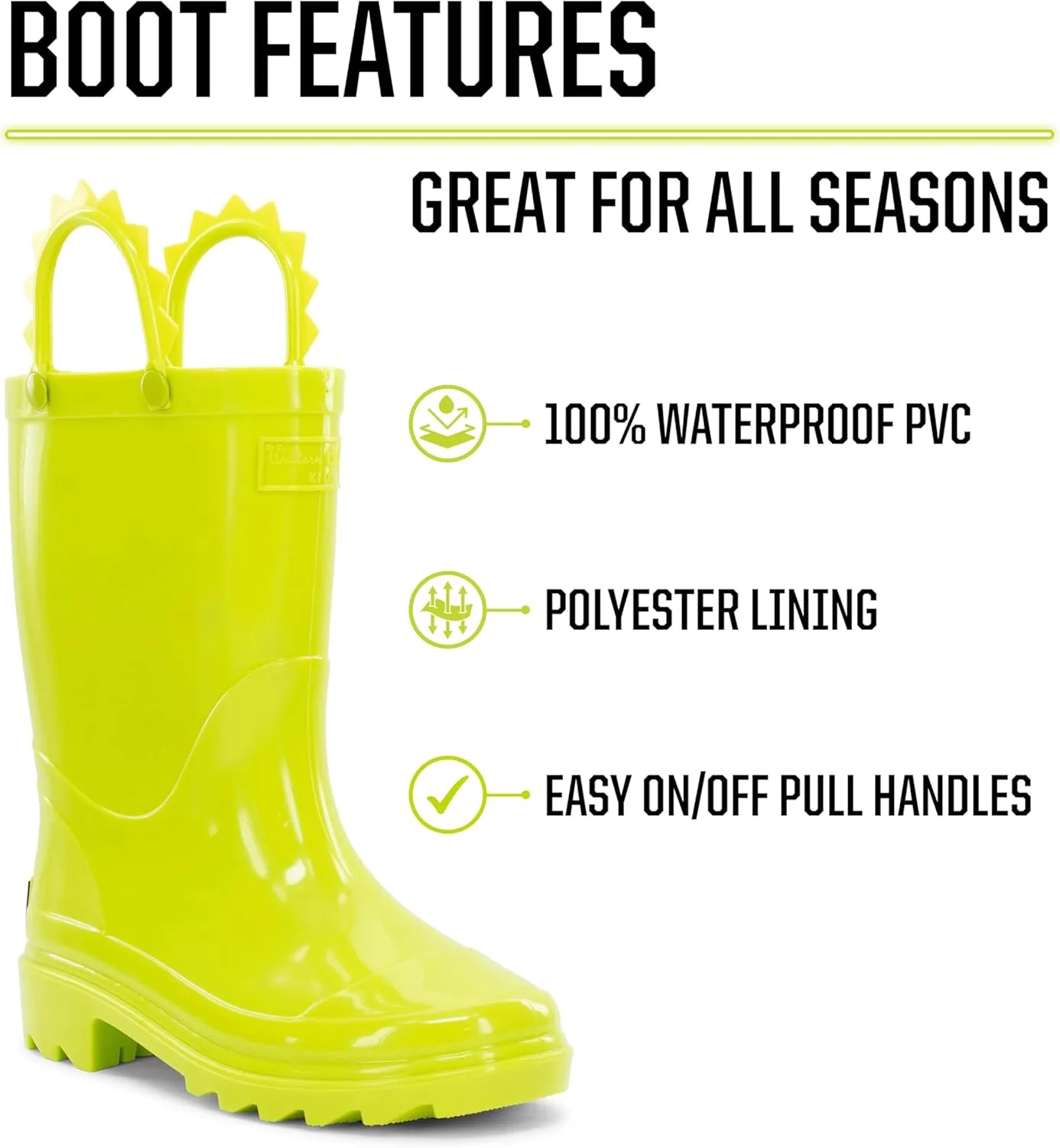 Western Chief Kids Waterproof Neon Rain Boots with Pull-On Handles and Traction Outsole