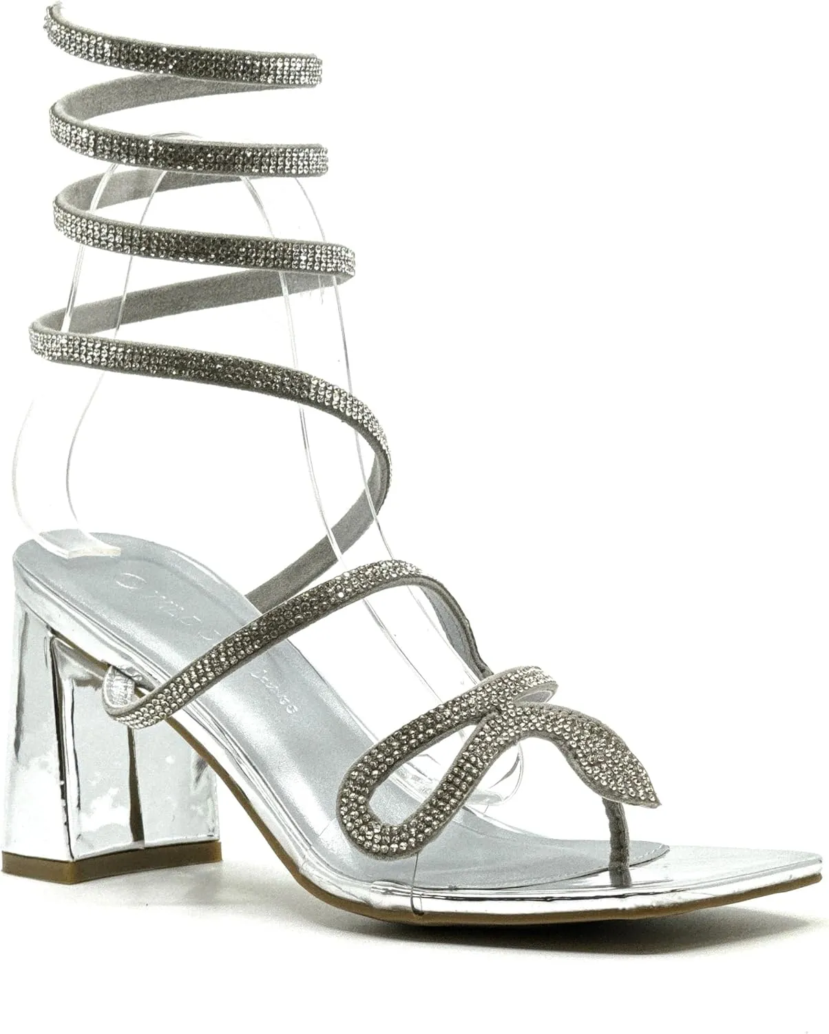 Wild Diva Women's Rhinestone Strappy Spiral Ankle Strap Low Chunky Block Heel Sandals