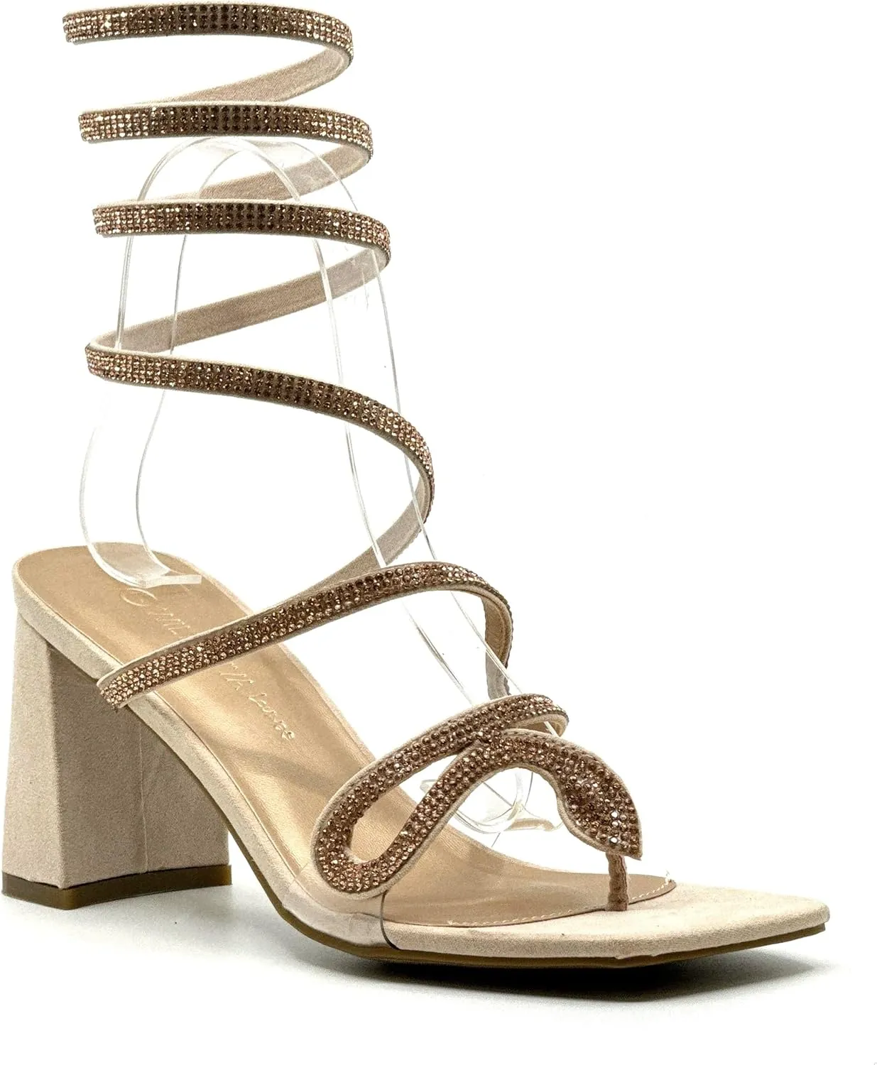 Wild Diva Women's Rhinestone Strappy Spiral Ankle Strap Low Chunky Block Heel Sandals