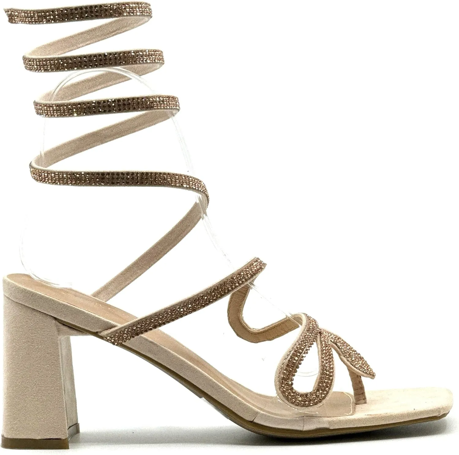 Wild Diva Women's Rhinestone Strappy Spiral Ankle Strap Low Chunky Block Heel Sandals