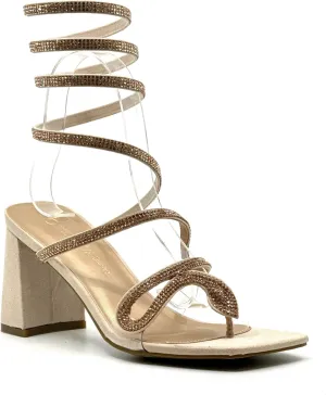 Wild Diva Women's Rhinestone Strappy Spiral Ankle Strap Low Chunky Block Heel Sandals