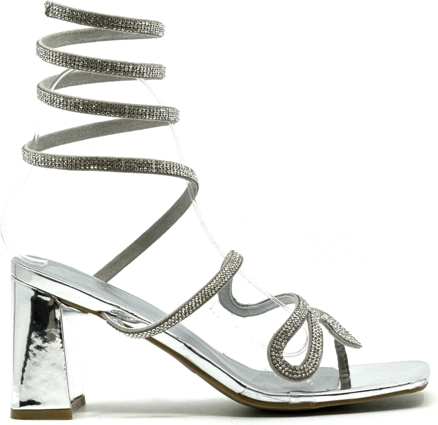 Wild Diva Women's Rhinestone Strappy Spiral Ankle Strap Low Chunky Block Heel Sandals
