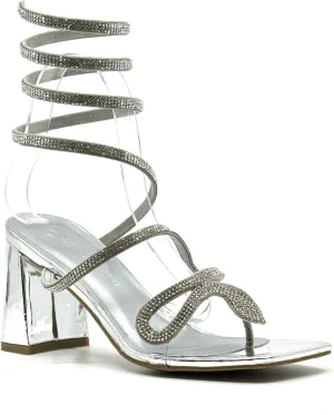 Wild Diva Women's Rhinestone Strappy Spiral Ankle Strap Low Chunky Block Heel Sandals