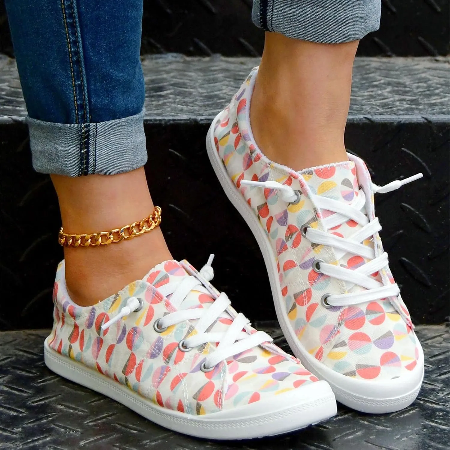 Women Fashion Casual Sneakers Canvas Lace-Up Loafers Lightweight Ladies Shoes Flat Soft Soled Comfortable Shoes Slip on Arch Support Wide Feet Toe Box Lightweight Indoor flip-Flops red J39-Yellow