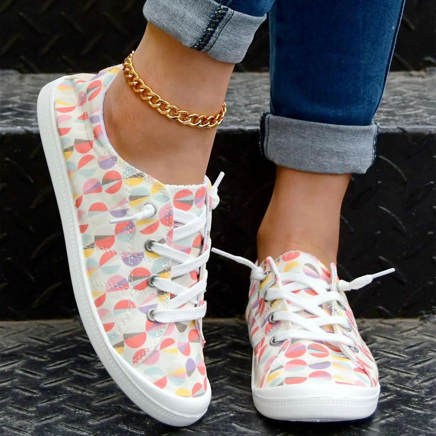 Women Fashion Casual Sneakers Canvas Lace-Up Loafers Lightweight Ladies Shoes Flat Soft Soled Comfortable Shoes Slip on Arch Support Wide Feet Toe Box Lightweight Indoor flip-Flops red J39-Yellow