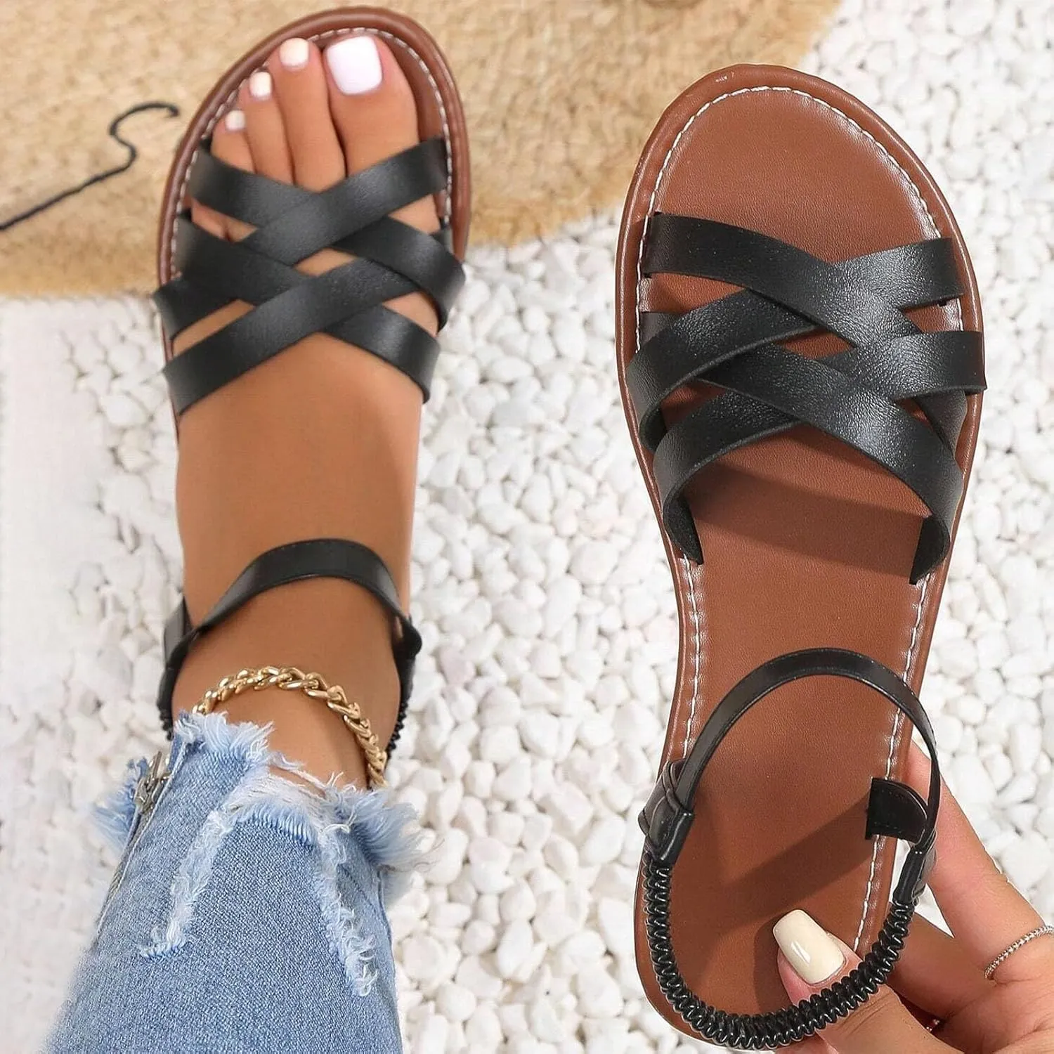 Women Fashion Hollow Strappy Roman Sandals Summer Comfort Walking Flats Casual Lightweight Flat Sandal Shoes