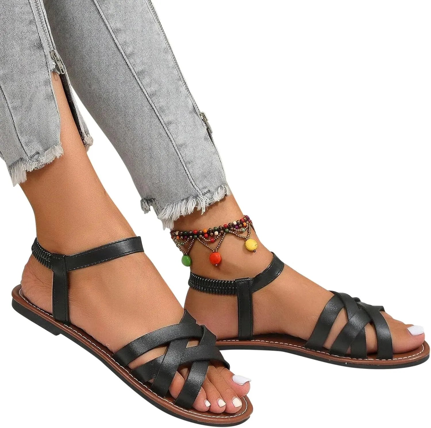 Women Fashion Hollow Strappy Roman Sandals Summer Comfort Walking Flats Casual Lightweight Flat Sandal Shoes