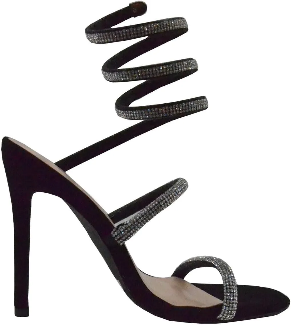 Women Rhinestone Spiral Ankle Wrap Strap High Heels Sandals