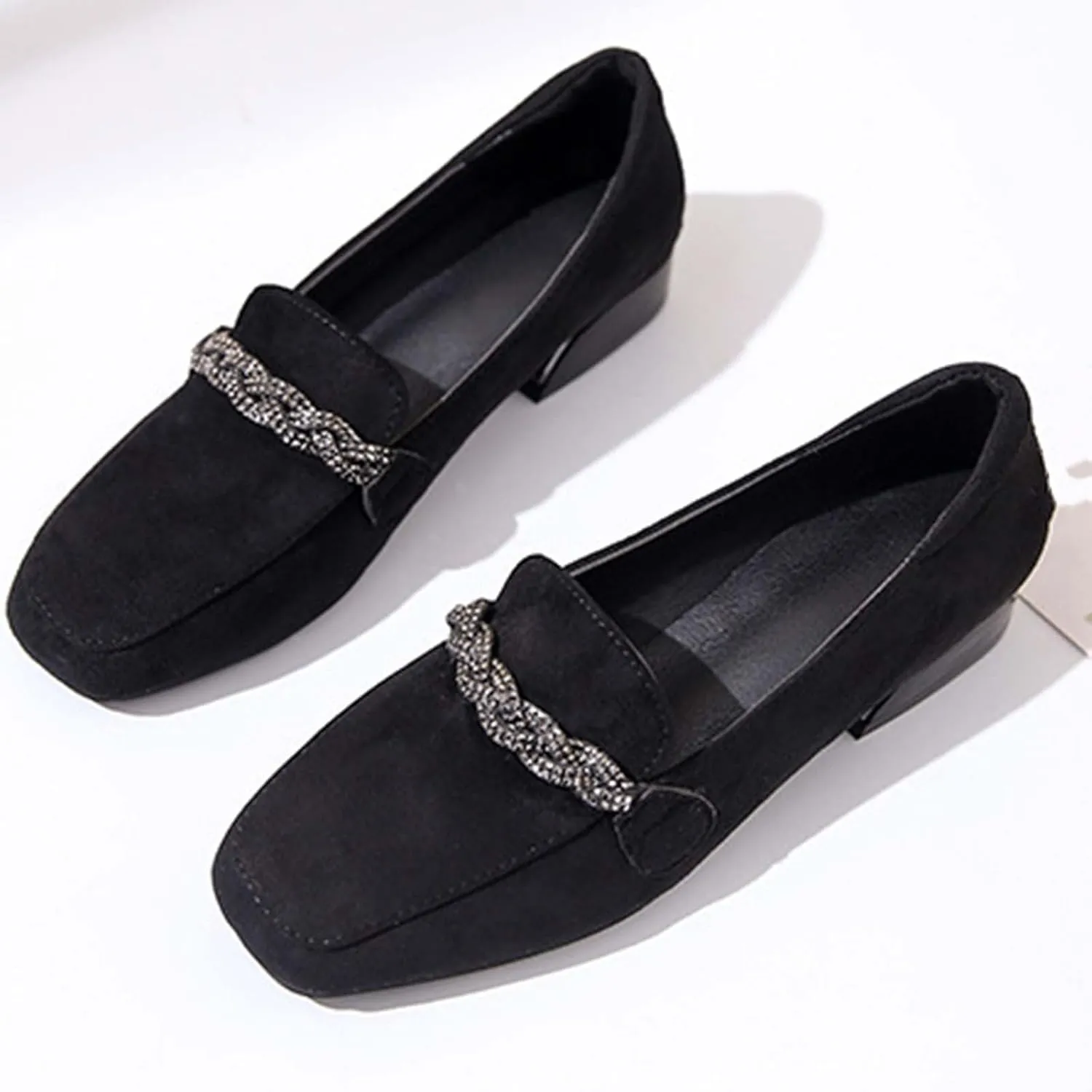 Women Slip on Flat Loafers Comfort Shallow Flats Rhinestone Chain Suede Low Heel Single Shoes Work Office Shoe
