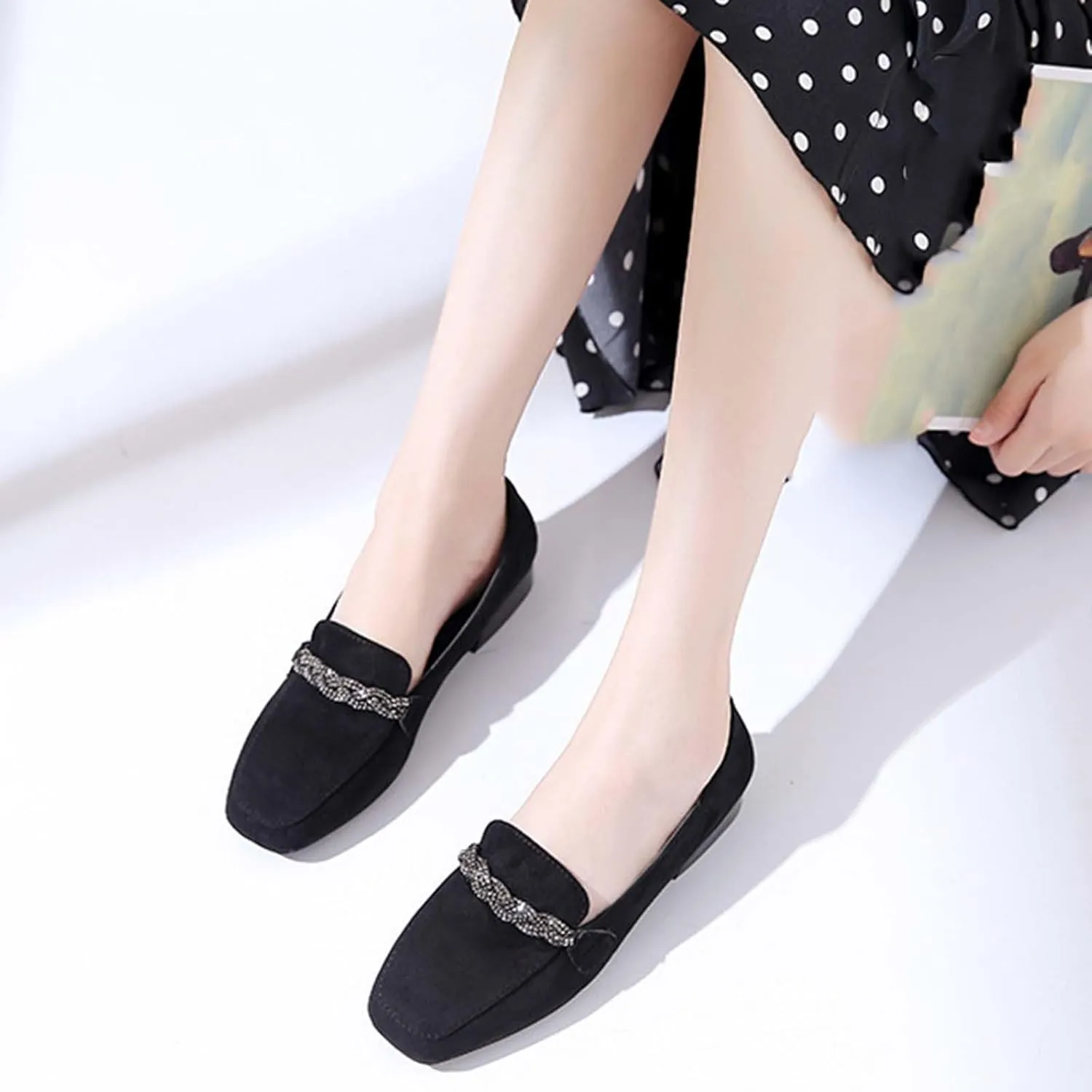 Women Slip on Flat Loafers Comfort Shallow Flats Rhinestone Chain Suede Low Heel Single Shoes Work Office Shoe