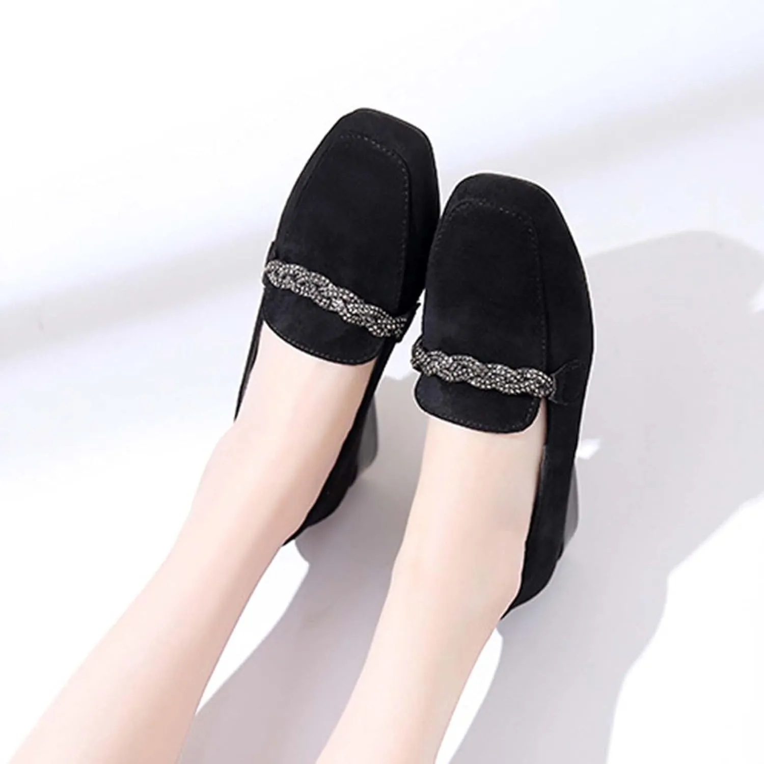 Women Slip on Flat Loafers Comfort Shallow Flats Rhinestone Chain Suede Low Heel Single Shoes Work Office Shoe