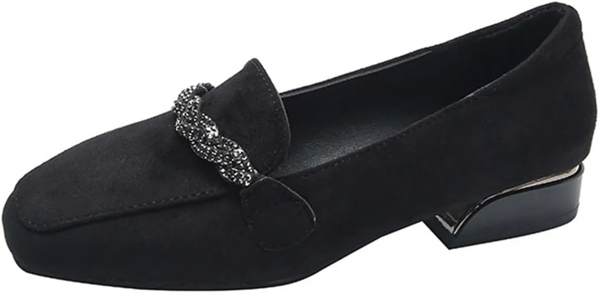 Women Slip on Flat Loafers Comfort Shallow Flats Rhinestone Chain Suede Low Heel Single Shoes Work Office Shoe