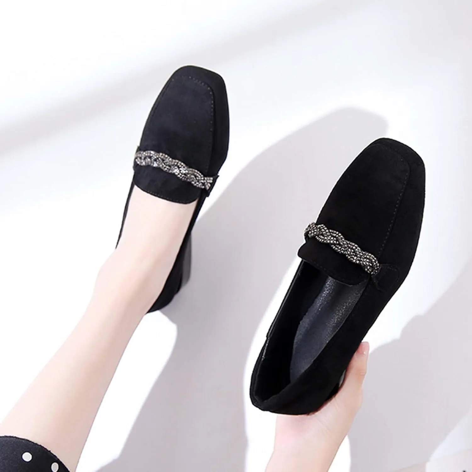 Women Slip on Flat Loafers Comfort Shallow Flats Rhinestone Chain Suede Low Heel Single Shoes Work Office Shoe