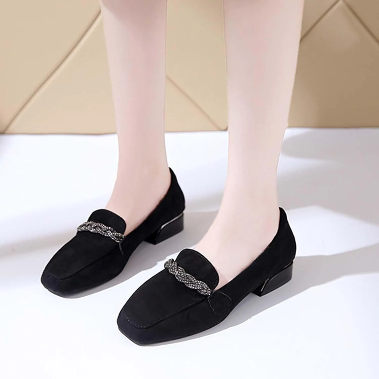 Women Slip on Flat Loafers Comfort Shallow Flats Rhinestone Chain Suede Low Heel Single Shoes Work Office Shoe