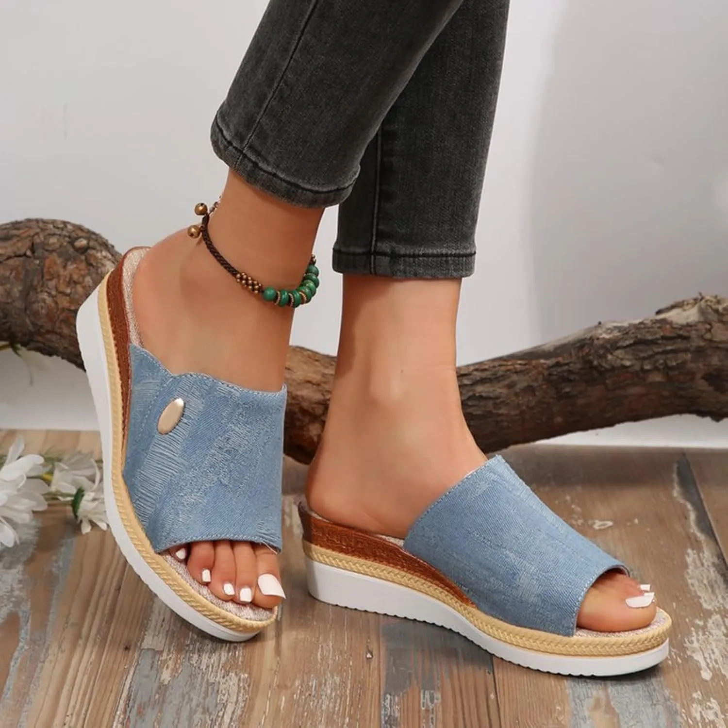 Women Wedge Sandals Slip-on Espadrille Bohemia Platform Sandals Open Toe Canvas Slides Comfort Dressy Summer Beach Slides