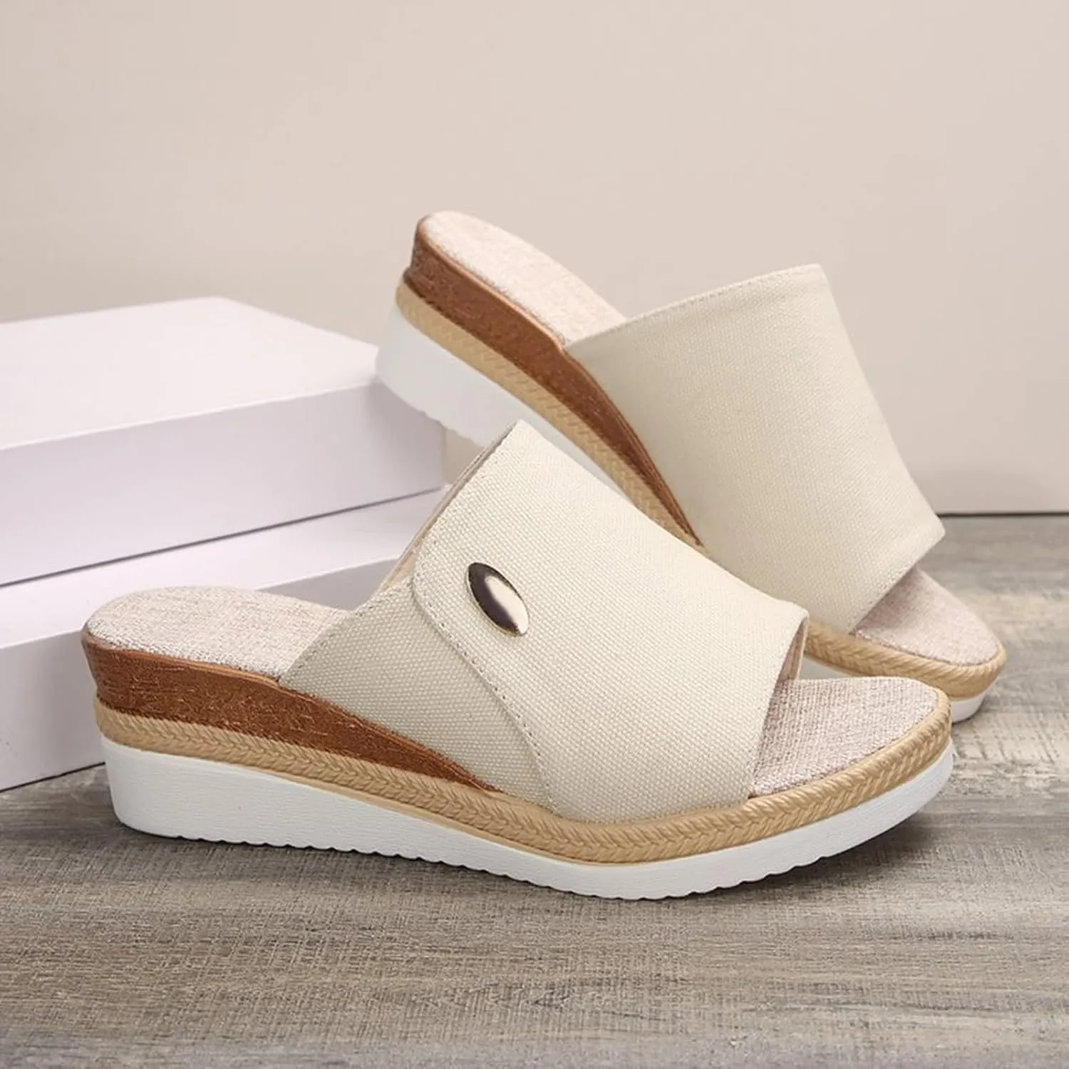 Women Wedge Sandals Slip-on Espadrille Bohemia Platform Sandals Open Toe Canvas Slides Comfort Dressy Summer Beach Slides