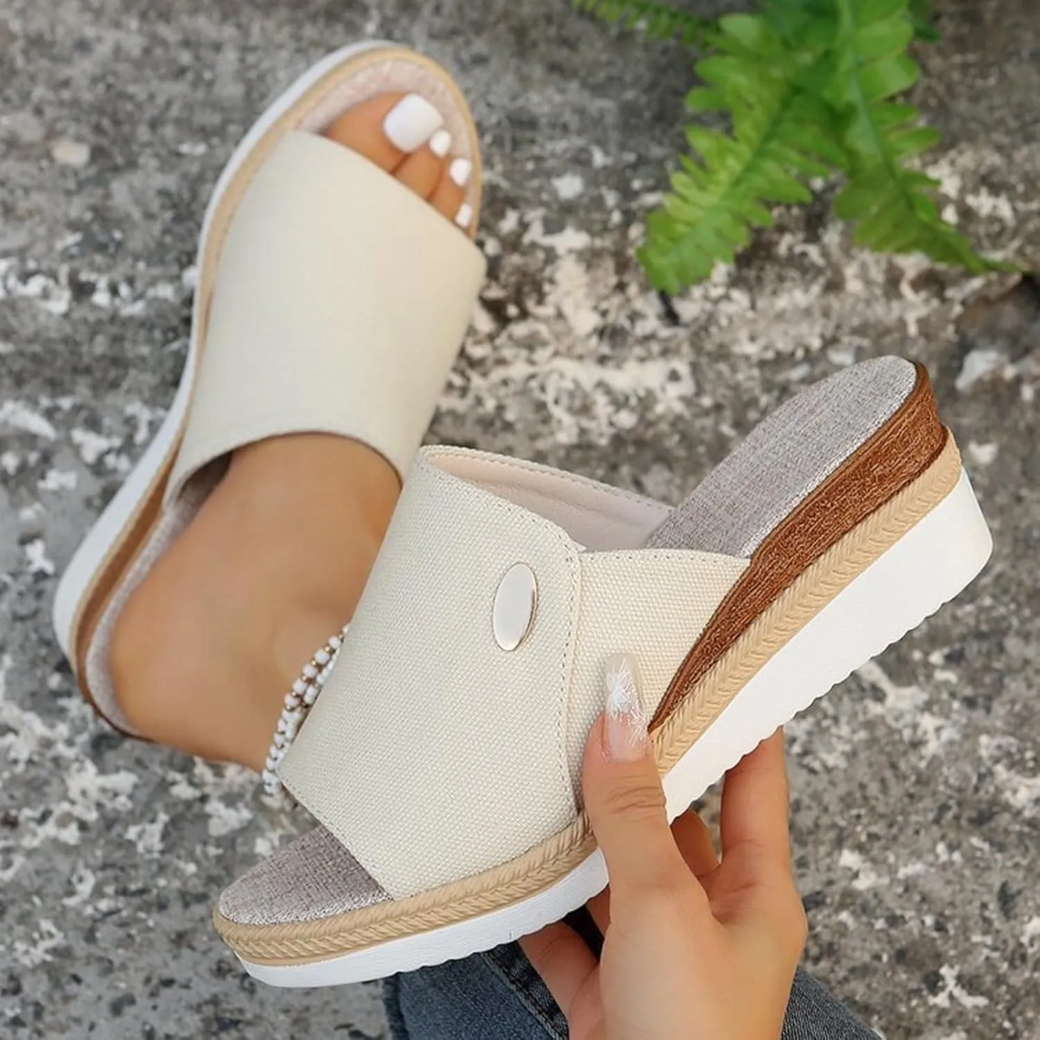 Women Wedge Sandals Slip-on Espadrille Bohemia Platform Sandals Open Toe Canvas Slides Comfort Dressy Summer Beach Slides