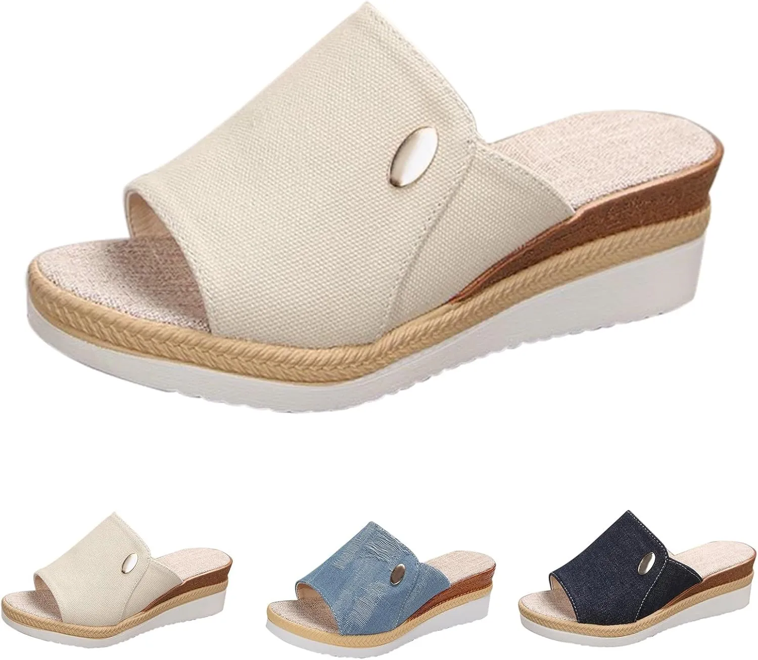 Women Wedge Sandals Slip-on Espadrille Bohemia Platform Sandals Open Toe Canvas Slides Comfort Dressy Summer Beach Slides