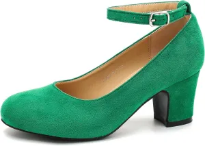 Women's Ankle Strap Closed Round Toe Pumps Low Chunky Block Heels Comfort Wedding Party Dress Evening Shoes