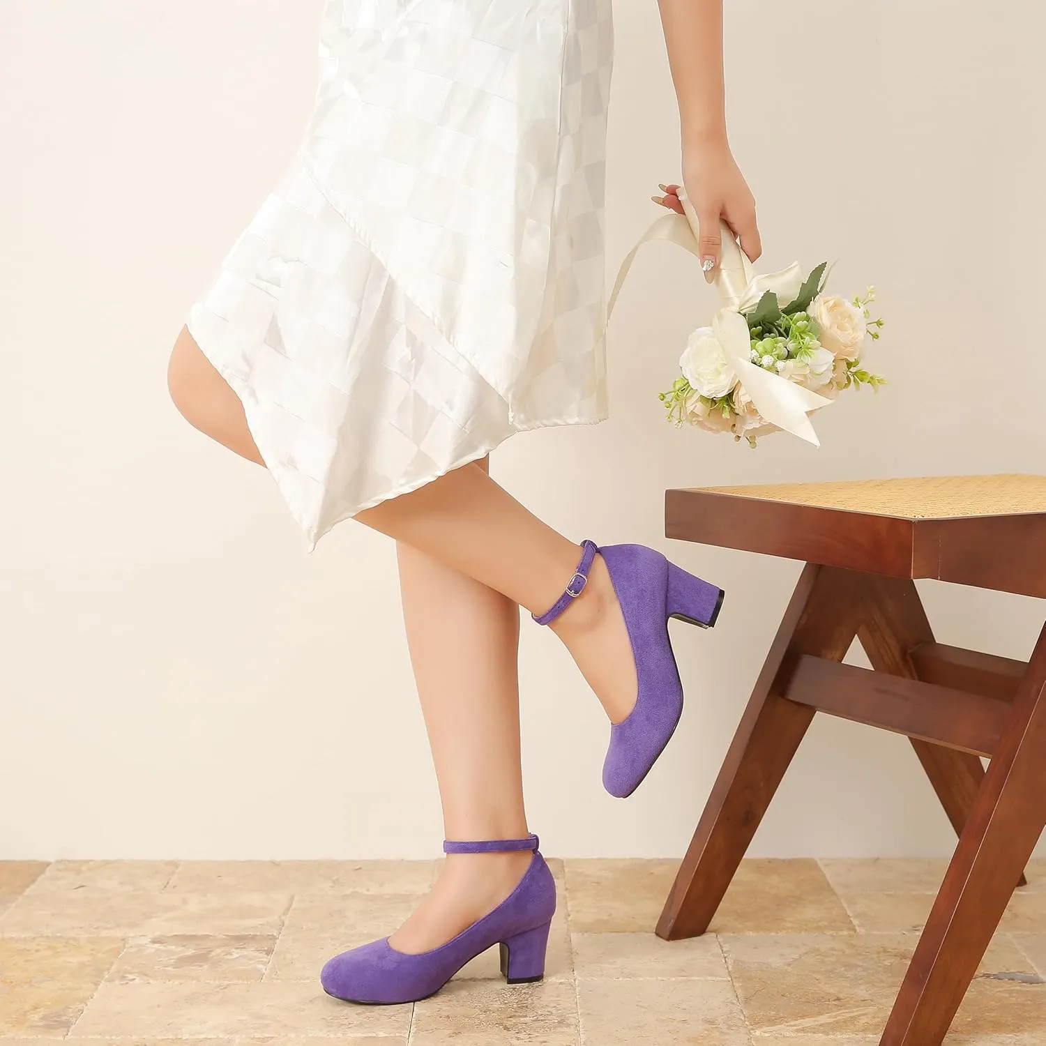 Women's Ankle Strap Closed Round Toe Pumps Low Chunky Block Heels Comfort Wedding Party Dress Evening Shoes