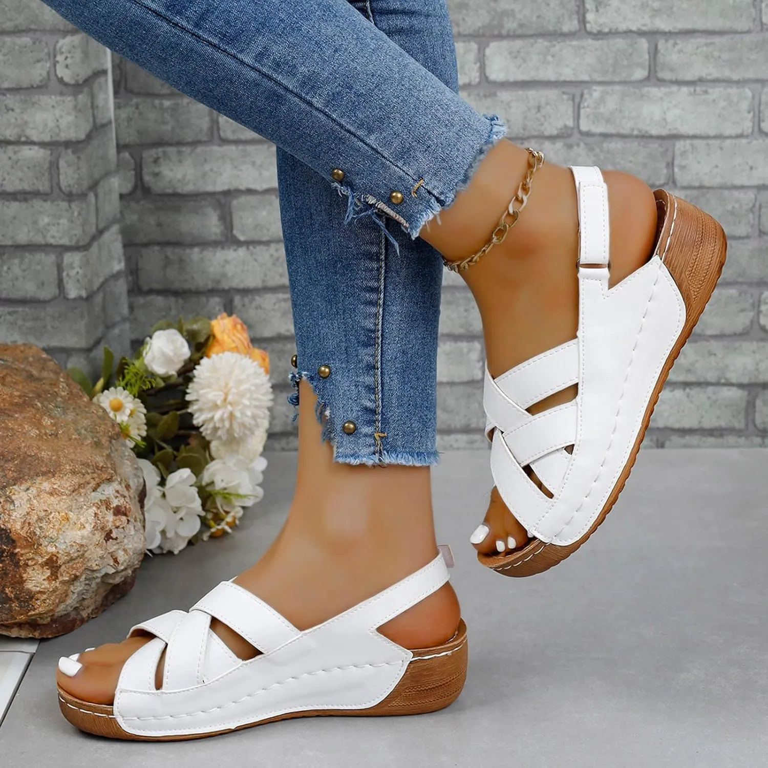 Womens Ankle Strap Sandals Dressy Arch Support Summer Leather Flats Comfort Open Toe Slippers