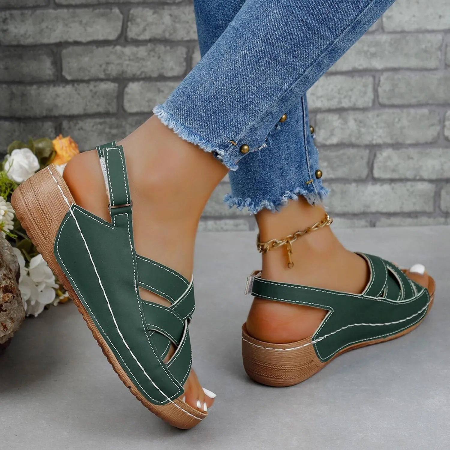 Womens Ankle Strap Sandals Dressy Arch Support Summer Leather Flats Comfort Open Toe Slippers