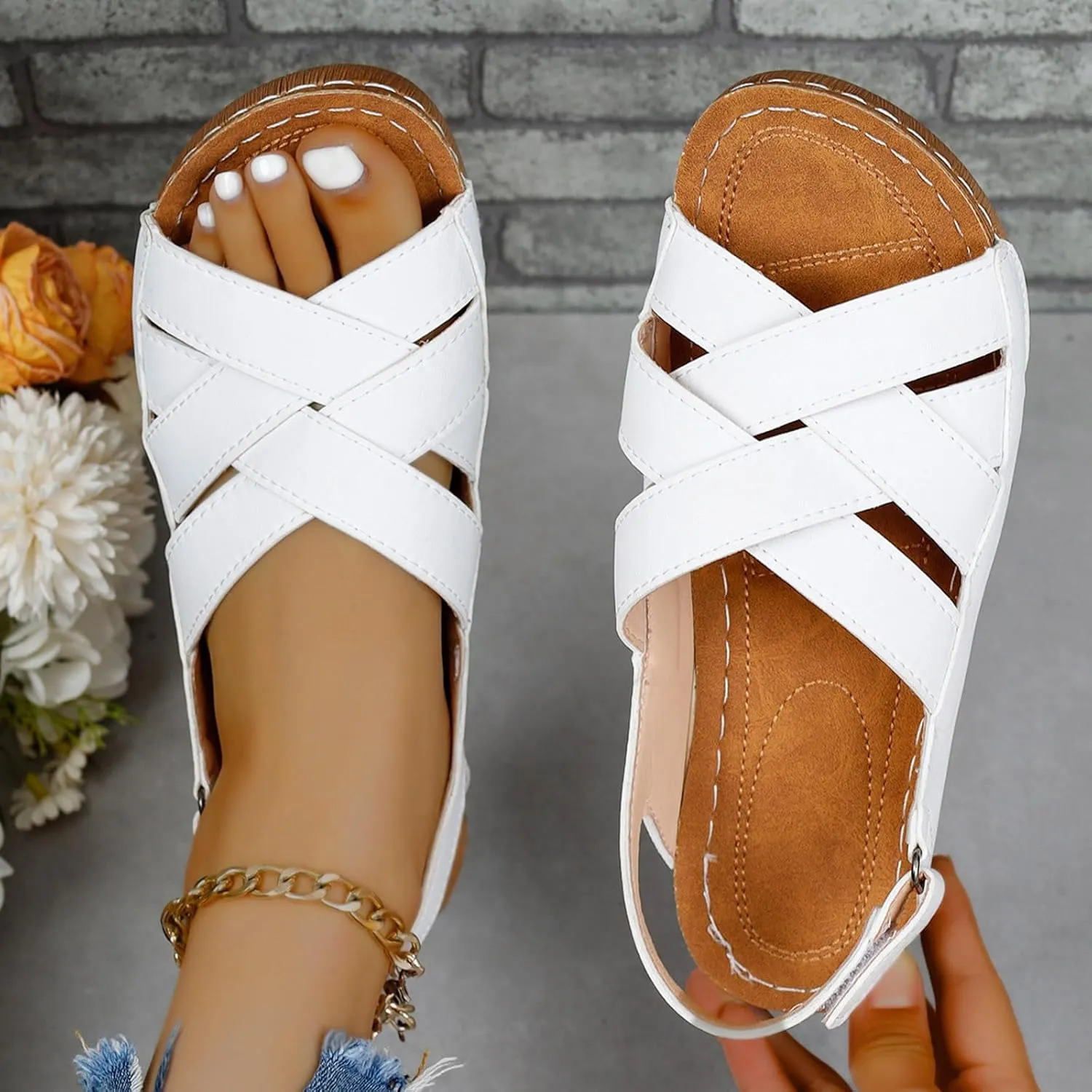 Womens Ankle Strap Sandals Dressy Arch Support Summer Leather Flats Comfort Open Toe Slippers