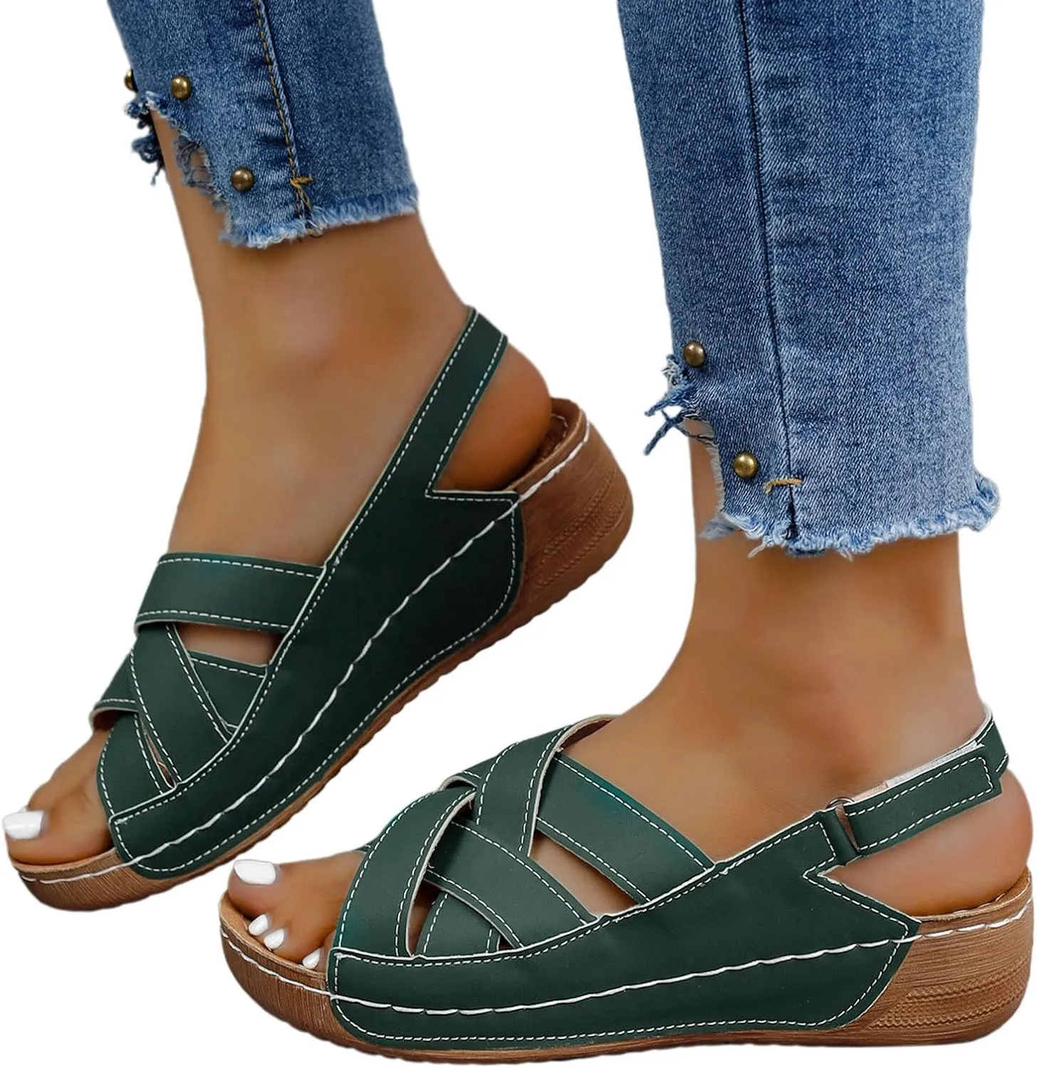 Womens Ankle Strap Sandals Dressy Arch Support Summer Leather Flats Comfort Open Toe Slippers