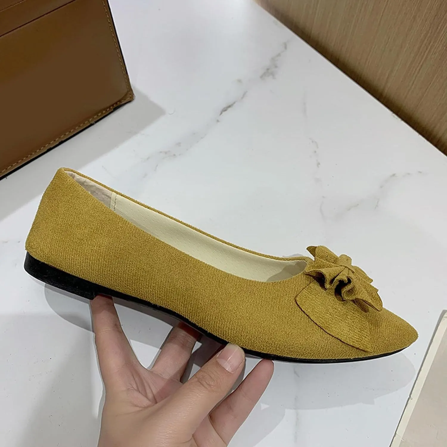 Women's Bow Ballet Flats Pointed Toe Low Wedge Slip-On Bridal Shoes, Suede Comfort Pumps for Formal Events