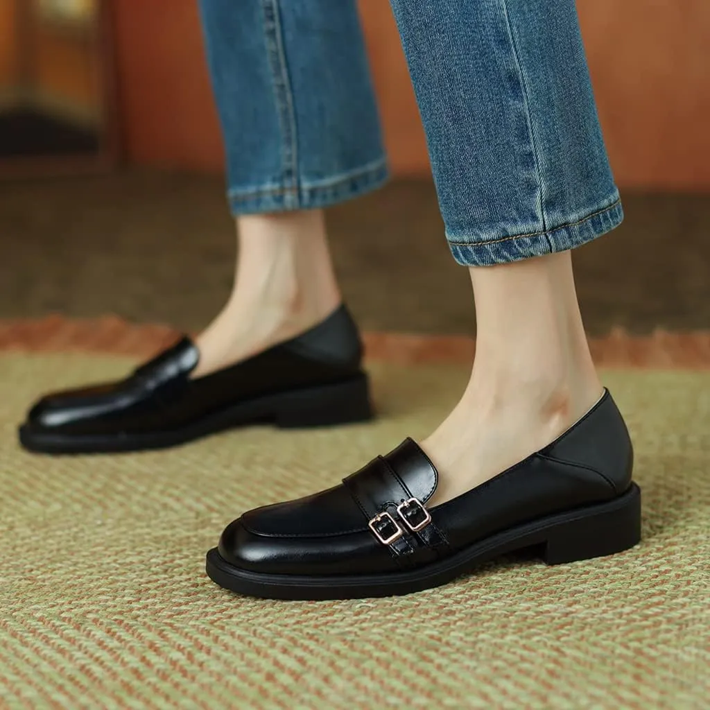 Women's Classic Buckle Slip On Penny Loafers Flats Square Toe Leather Business Dress Oxford Shoes