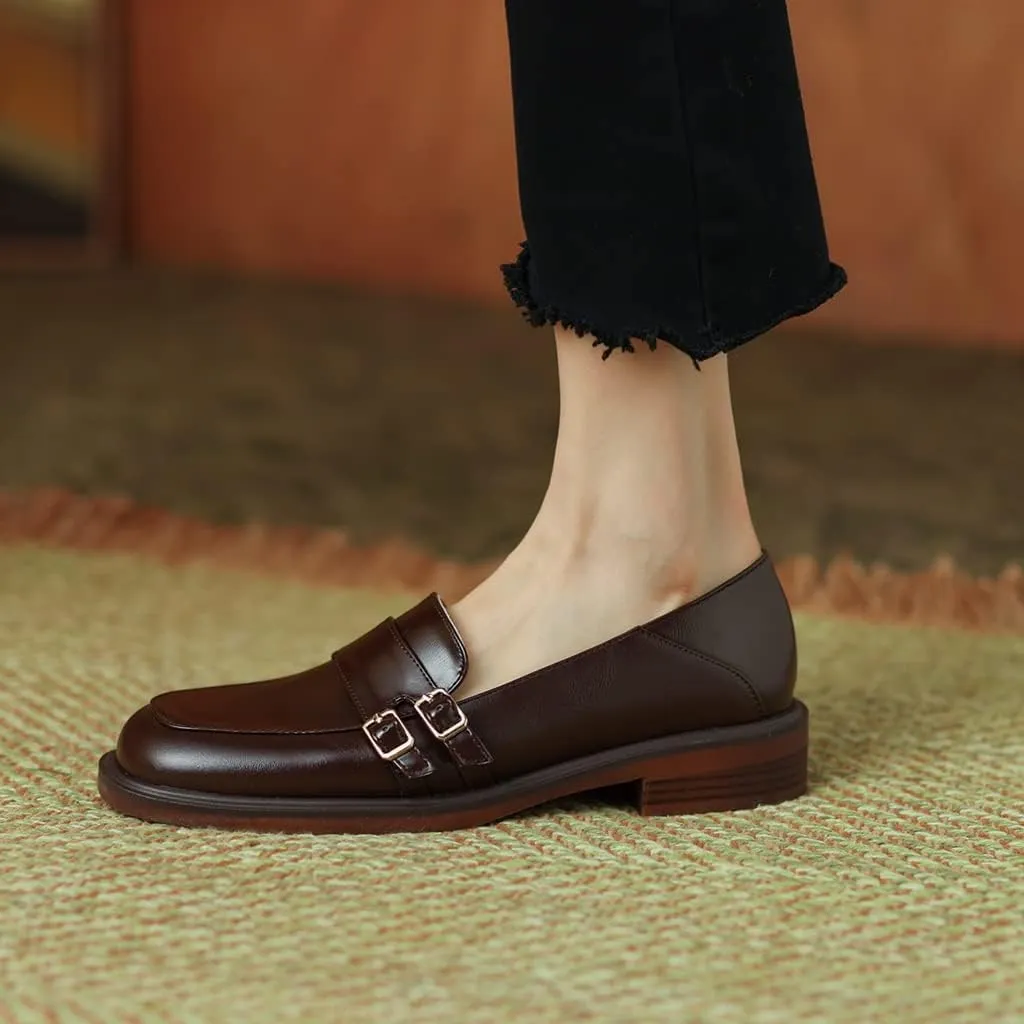 Women's Classic Buckle Slip On Penny Loafers Flats Square Toe Leather Business Dress Oxford Shoes