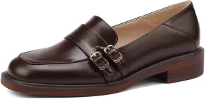 Women's Classic Buckle Slip On Penny Loafers Flats Square Toe Leather Business Dress Oxford Shoes